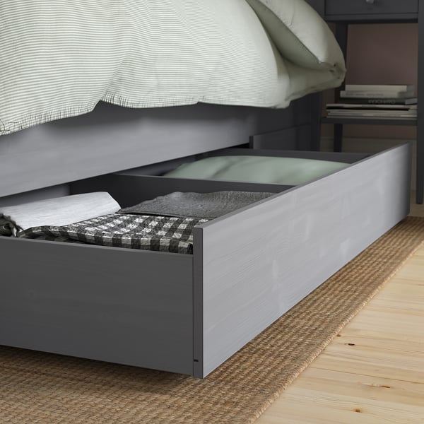 HEMNES Bed frame with 4 storage boxes, grey stained/Leirsund, 160x200 cm