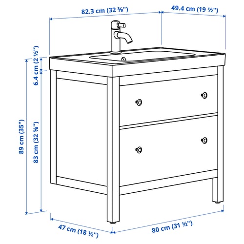 Illustration with measurements for the product: HEMNES.