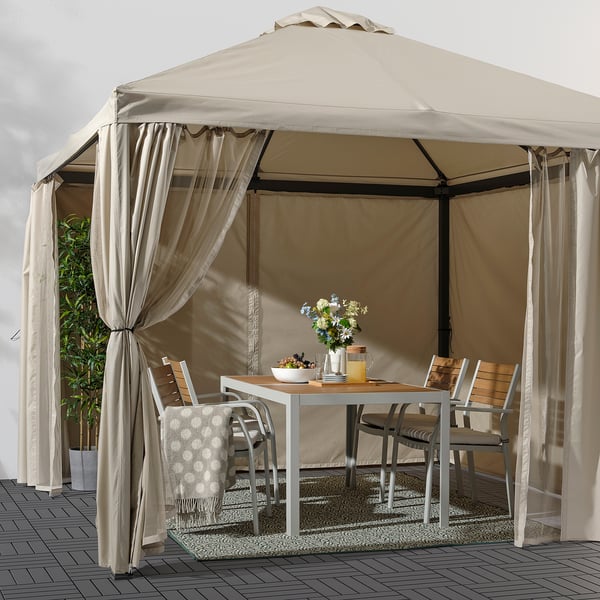 HIMMELSÖ Gazebo with curtains and net, dark grey/grey-beige
