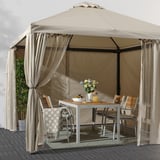 HIMMELSÖ Gazebo with curtains and net, dark grey/grey-beige