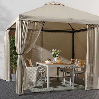 HIMMELSÖ Gazebo with curtains and net, dark grey/grey-beige