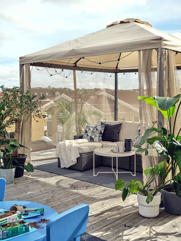 HIMMELSÖ Gazebo with net, dark grey/grey-beige