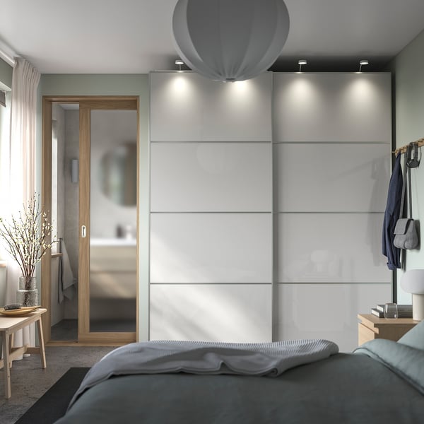 HOKKSUND 4 panels for sliding door frame, high-gloss light grey, 100x236 cm