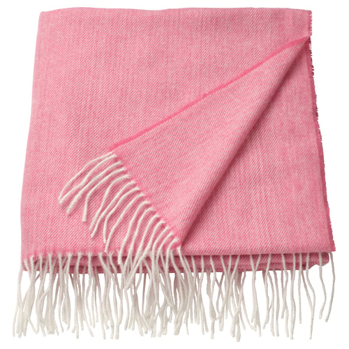 Bright pink HOLMVI throw blanket with fringe, soft, recycled polyester.
