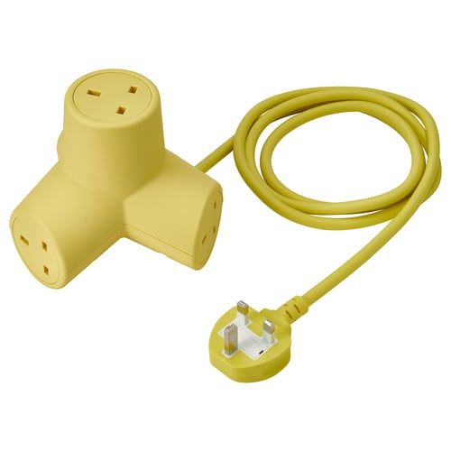 Yellow HORNFELS 4-way power extension cord, angled design, made from polycarbonate plastic.