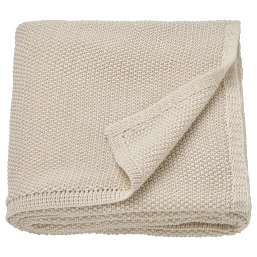 Off-white HUMLEMOTT recycled polyester knit throw blanket with soft texture.