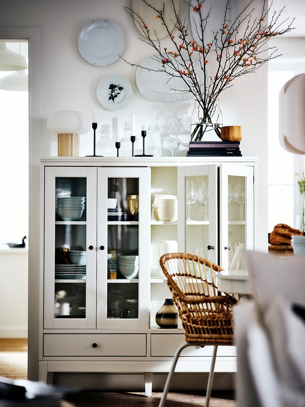 IDANÄS Cabinet with bi-folded glass doors, white, 121x50x135 cm