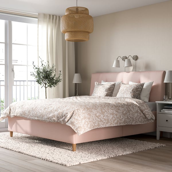 IDANÄS Upholstered storage bed, Gunnared pale pink, 180x200 cm