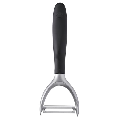 Black ikea peeler with silver blade and ergonomic handle.