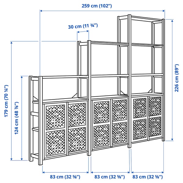 IVAR Shelving unit with doors, pine, 259x30x226 cm