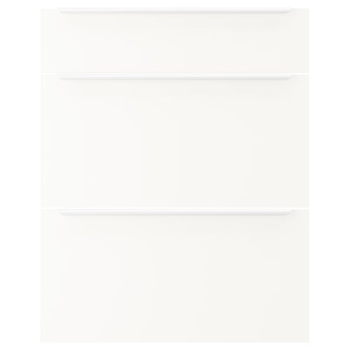 White JÄRNBODA drawer unit with sleek aluminium handles. Three square drawers.