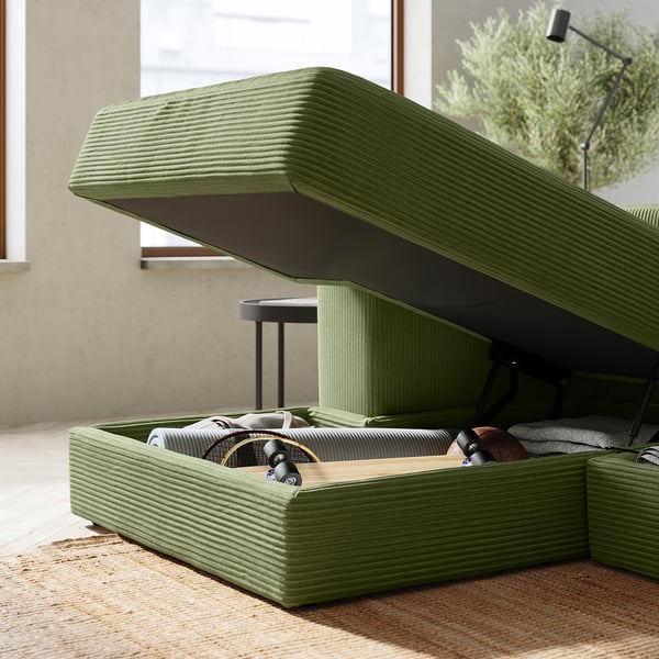 JÄTTEBO 2,5-seat mod sofa w chaise longue, left with headrest/Samsala dark yellow-green