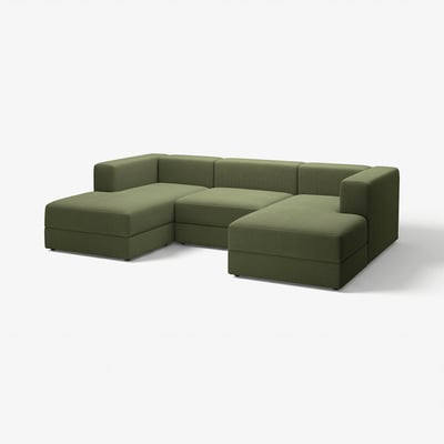 A green JÄTTEBO modular sofa with two chaise lounges and a storage seat. Its clean lines, soft comfort, and practical design are highlighted.