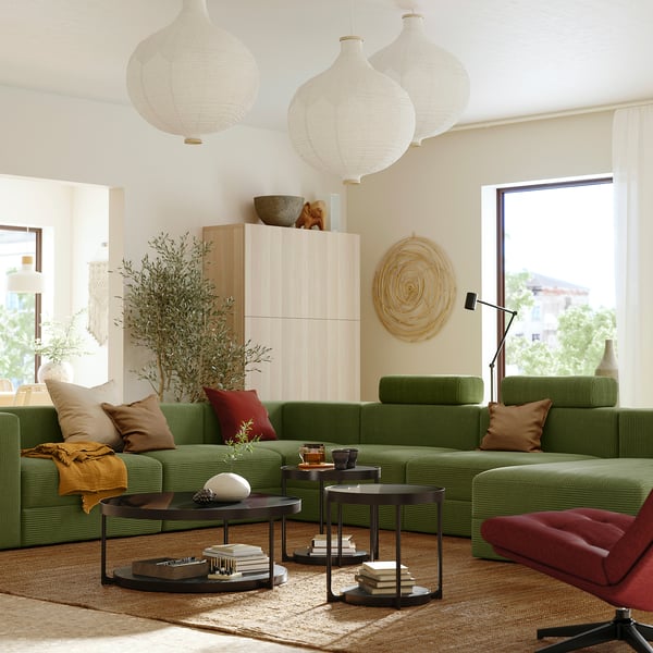 JÄTTEBO U-shaped sofa, 7-seat, with chaise longue, right with headrests/Samsala dark yellow-green