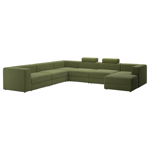 JÄTTEBO U-shaped sofa, 7-seat, with chaise longue, right with headrests/Samsala dark yellow-green