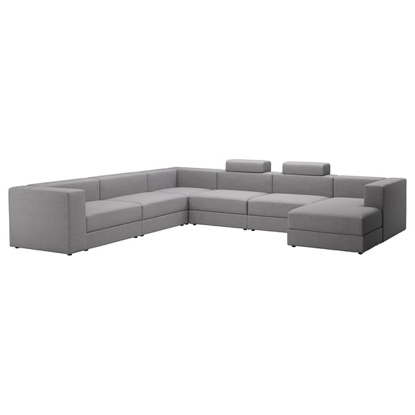 JÄTTEBO U-shaped sofa, 7-seat, with chaise longue, right with headrests/Tonerud grey