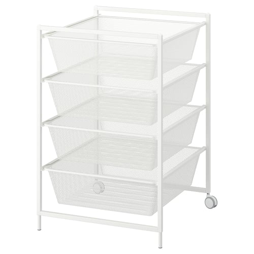 A white JONAXEL storage unit with four mesh baskets. It has a modern design with a metal frame and wheels for easy movement.