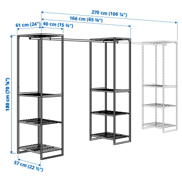 JOSTEIN Shelving unit with clothes rod, in/outdoor/wire white, 61x166/270x180 cm