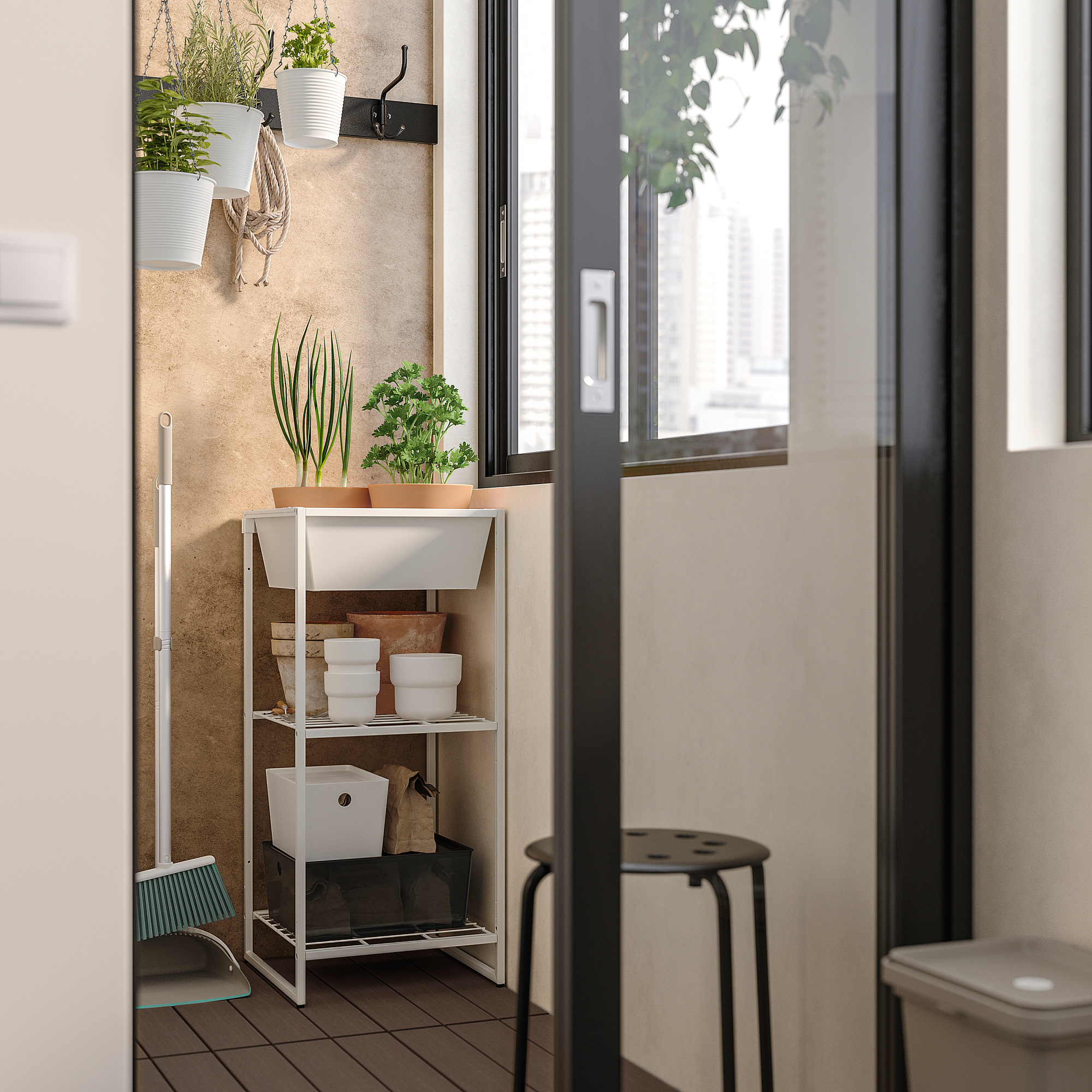 JOSTEIN Shelving unit with container, in/outdoor/wire white, 41x40x90 cm