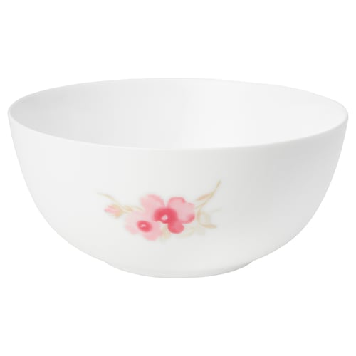 KALASBRA bowl: white glass with pink flowers, dishwasher/microwave safe, stacks.