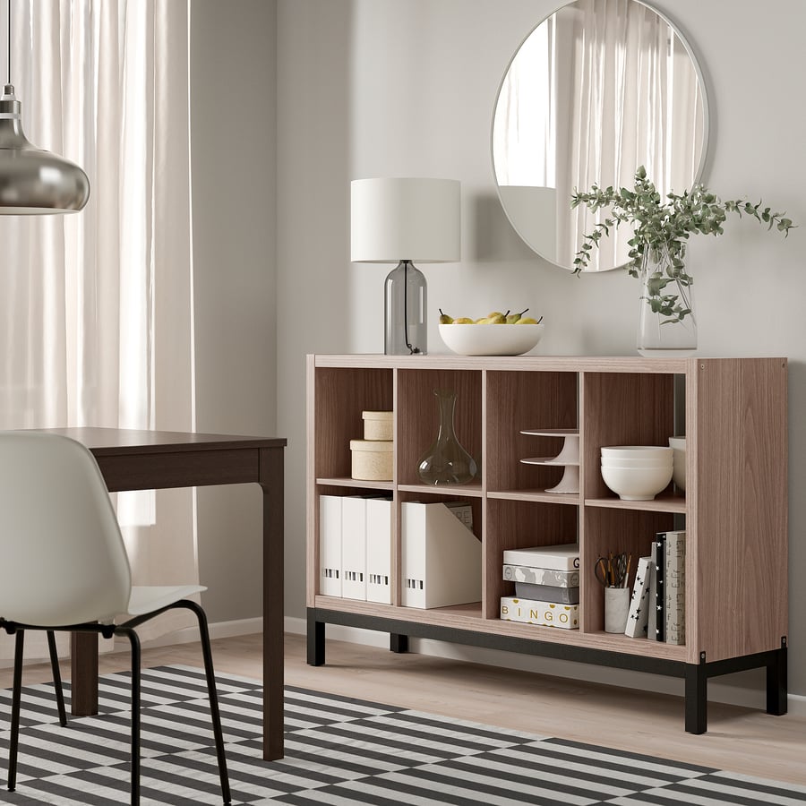 KALLAX shelving unit with underframe, walnut effect/light grey black