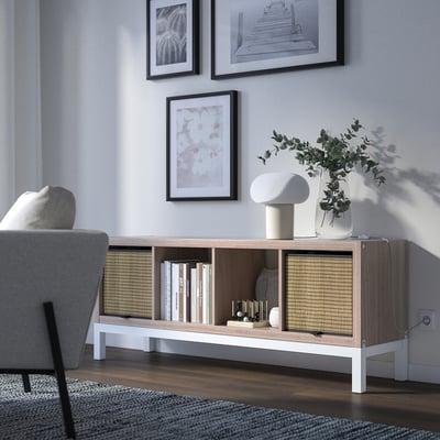 KALLAX Shelving unit with underframe, walnut effect/light grey white, 147x59 cm