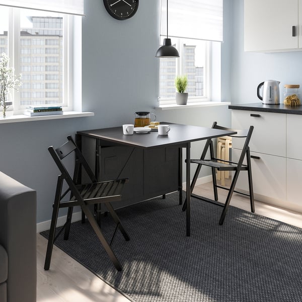 KALLHÄLL Gateleg table with storage, black/dark grey, 33/89/145x98 cm