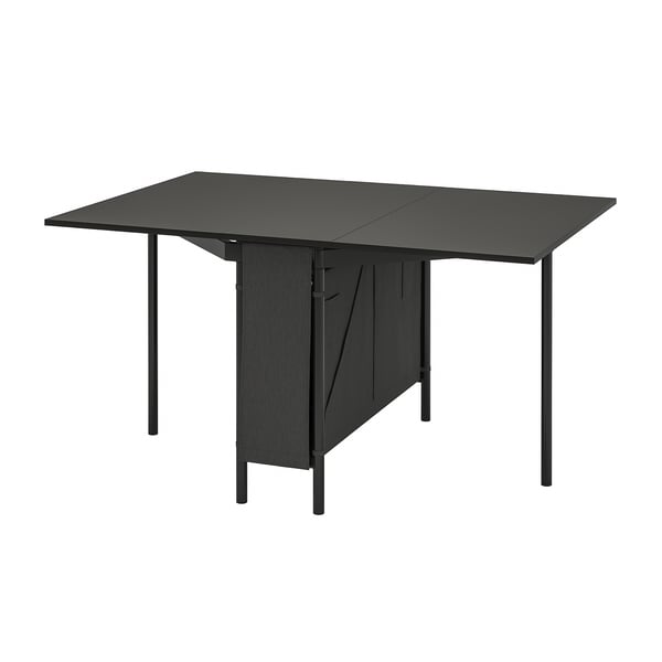 KALLHÄLL Gateleg table with storage, black/dark grey, 33/89/145x98 cm