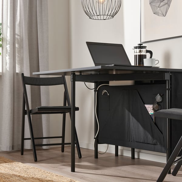 KALLHÄLL Gateleg table with storage, black/dark grey, 33/89/145x98 cm