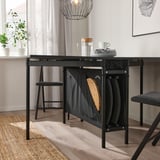 KALLHÄLL Gateleg table with storage, black/dark grey, 33/89/145x98 cm