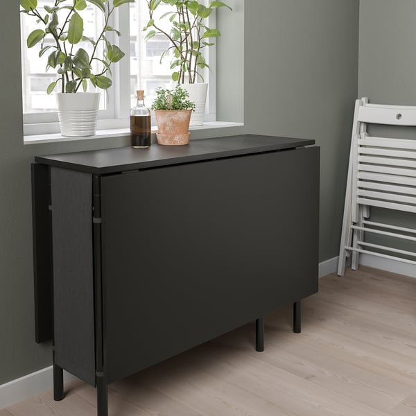 KALLHÄLL Gateleg table with storage, black/dark grey, 33/89/145x98 cm