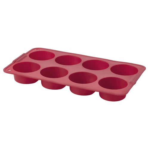 Red silicone muffin tray, 8 compartments, ideal for baking muffins, omelettes, parfaits, or desserts. Flexible, easy to clean, vibrant.