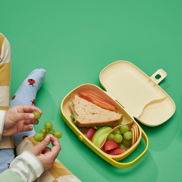 Child holding grapes near opened lunchbox with sandwich, carrot, fruit, and cutlery on green surface.