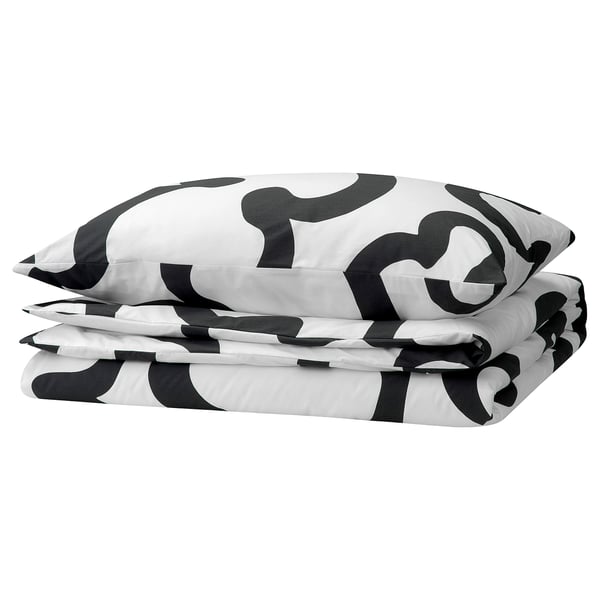 KLIPPBRÄCKA Duvet cover and pillowcase, white/black, 150x200/50x80 cm