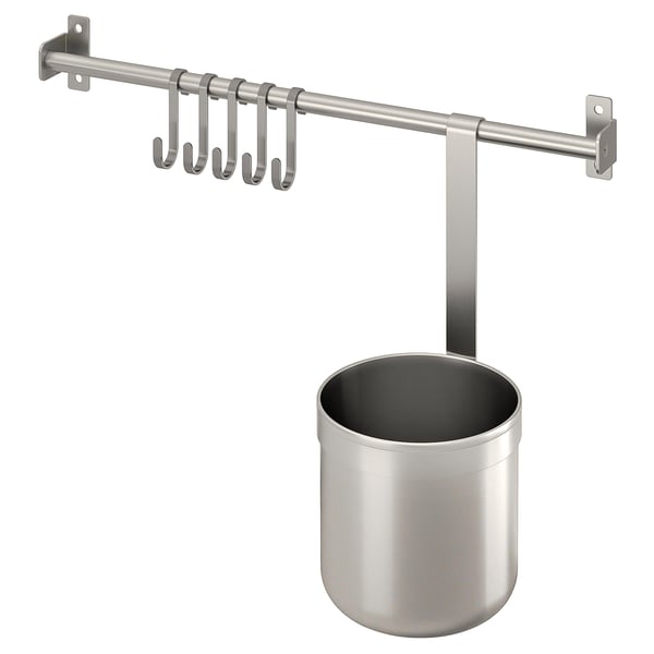 KUNGSFORS Rail with 5 hooks and 1 container, stainless steel, 40 cm