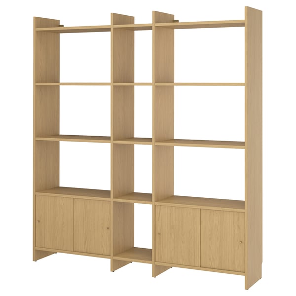 LÅDMAKARE Storage combination w sliding doors, with 11 shelves/oak effect, 198x35x212 cm