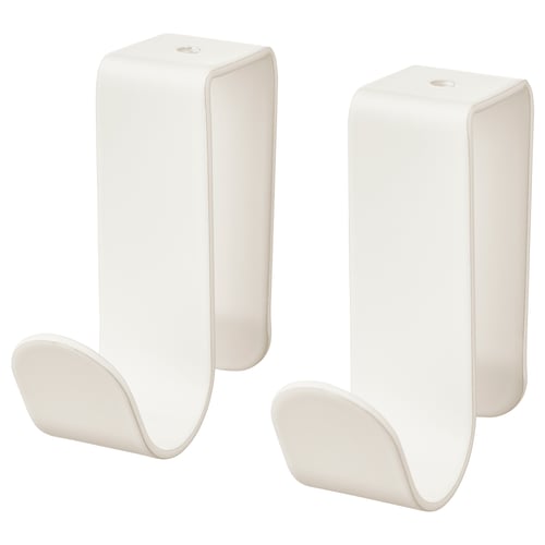 Two white LÄTTHET hooks, ideal for hanging items, featuring a simple, curved design with a top clip for photos or papers.