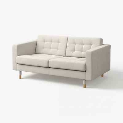 Light grey upholstered sofa, square cushions, wooden legs, modern mid-century style.