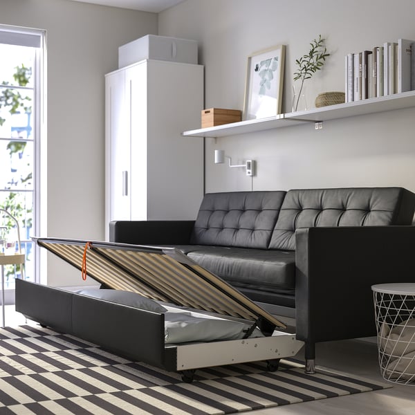 LANDSKRONA 3-seat sofa-bed, Grann/Bomstad black/metal