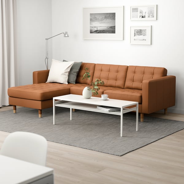 LANDSKRONA 3-seat sofa, with chaise longue/Grann/Bomstad golden-brown/metal