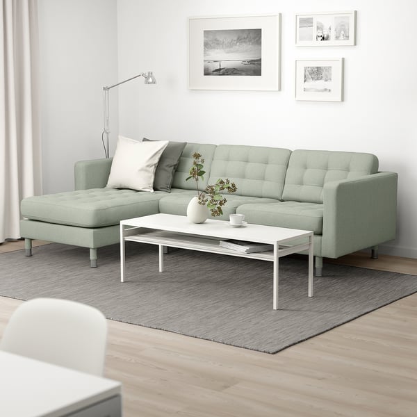 LANDSKRONA 3-seat sofa, with chaise longue/Gunnared light green/metal