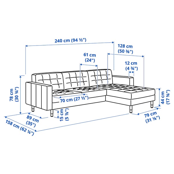 LANDSKRONA 3-seat sofa, with chaise longue/Gunnared light green/metal