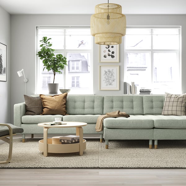 LANDSKRONA 4-seat sofa with chaise longues, Gunnared light green/wood