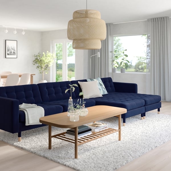 LANDSKRONA 5-seat sofa, with chaise longues/Djuparp dark blue/wood