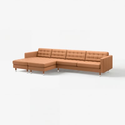 Modern light brown leather sectional sofa with chaise, button-tufted design, and sleek metal legs.