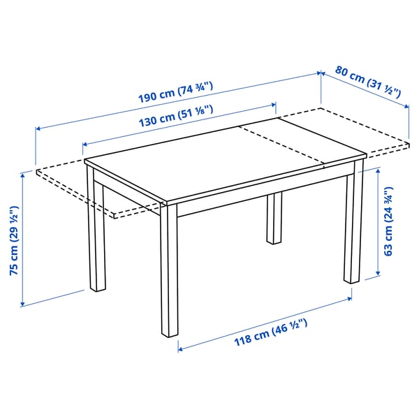 LANEBERG / EKEDALEN Table and 4 chairs, white/white light grey, 130/190x80 cm