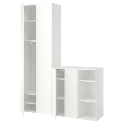 Image white LASTARE storage unit set with shelves and hanging space. Sleek, modern design ideal for organising spaces efficiently.