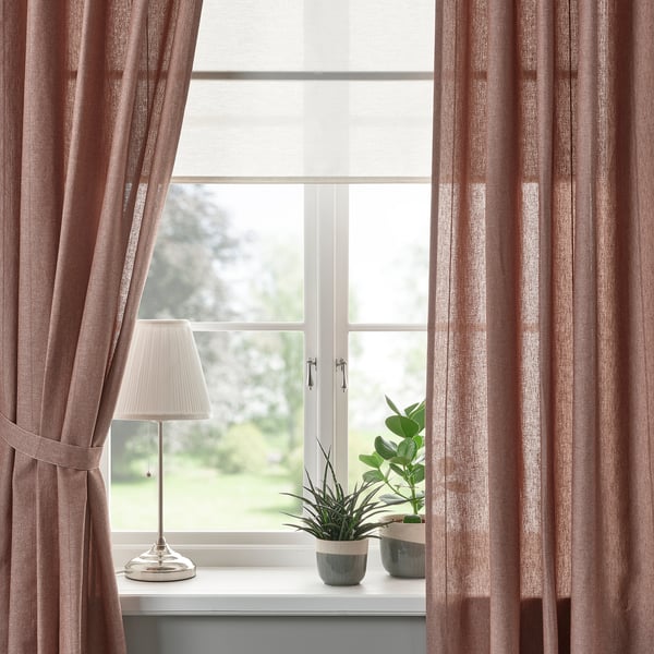 LENDA Curtains with tie-backs, 1 pair, brown-red/with heading tape, 140x300 cm