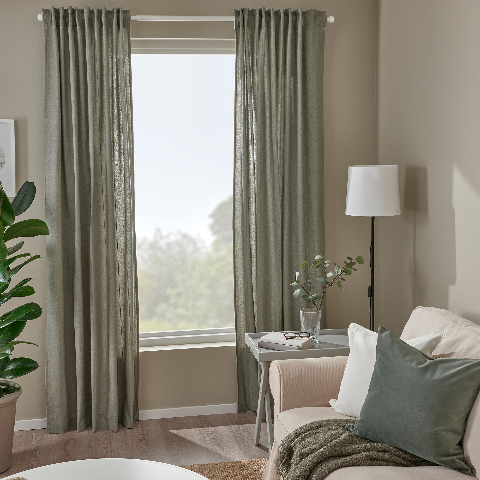 LENDA Curtains with tie-backs, 1 pair, light grey-green/with heading tape, 140x300 cm