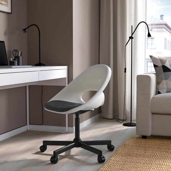 LOBERGET / MALSKÄR Swivel chair + pad, white black/dark grey